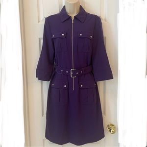 Michael Kors Dress Women's Medium Purple Front Zip Belted Roll Tab Sleeves